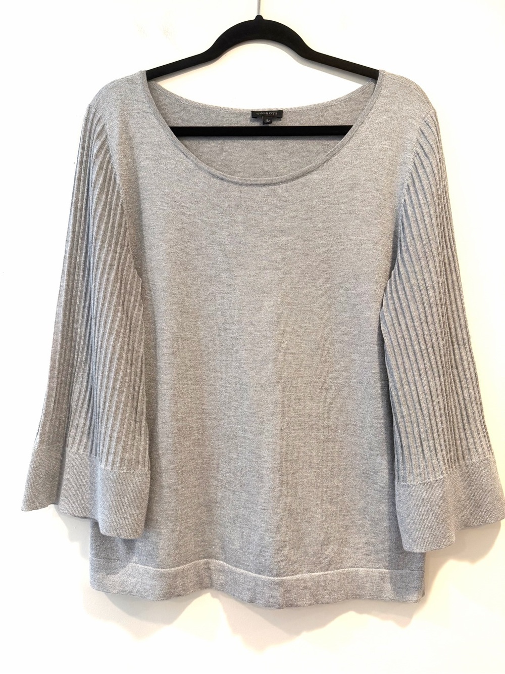 Talbots Silver Gray Metallic Scoop Neck Ribbed Bell Sleeve Shimmer Sweater Large